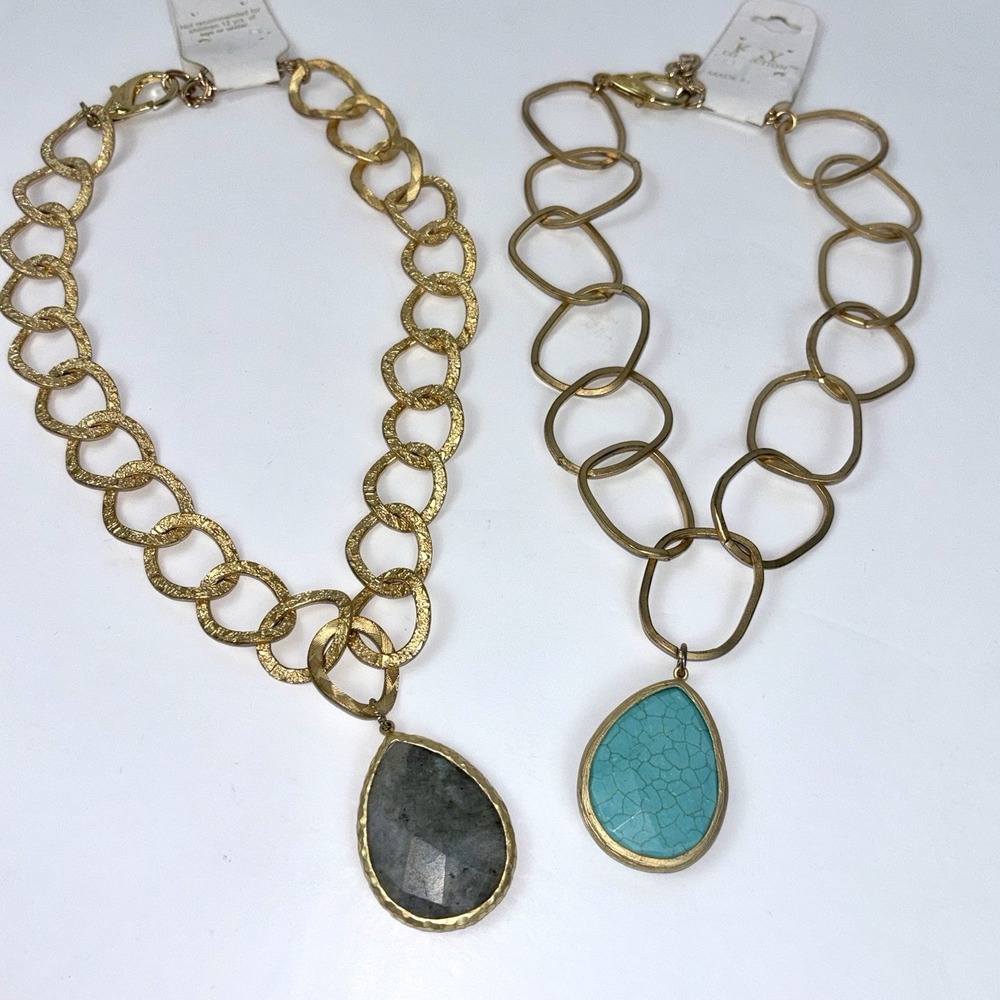Kay Collection Lot 2 Gold Tone Statement Necklaces Turquoise & Gray Stone NWT